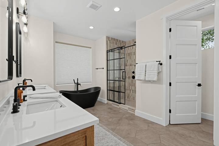 Primary bath vanity, tub and walk-in closet door